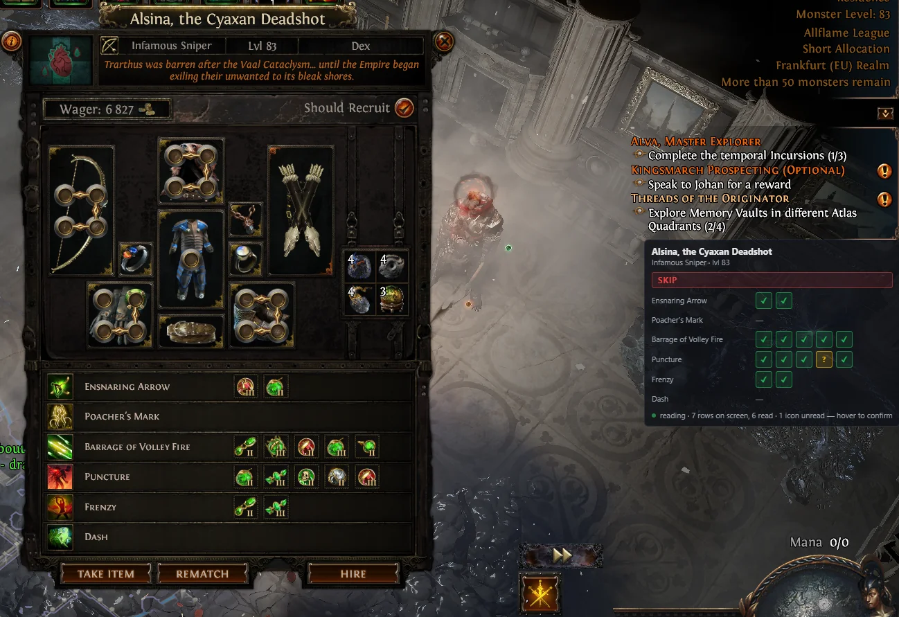 Verdict strip beside the recruit window: the mercenary’s name and level, a SKIP verdict, one row per skill with a glyph per gem, and a status line saying how many rows were read