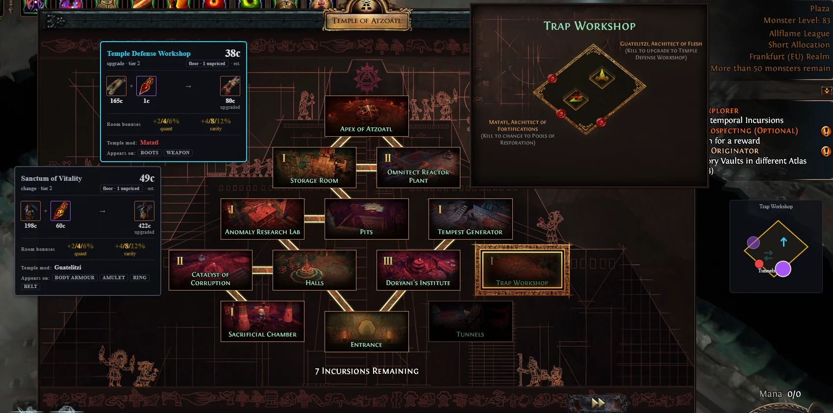Two offer boxes over the temple sheet, each with the room, its chaos value, the upgrade it pays for and the temple mod it grants