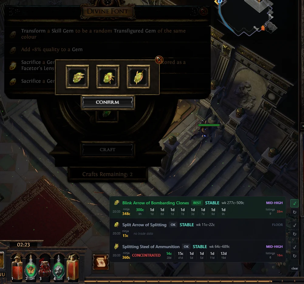 Comparator overlay below the Divine Font panel: the three gems on offer, each with its trade price, a verdict badge, the weekly range and a pick button