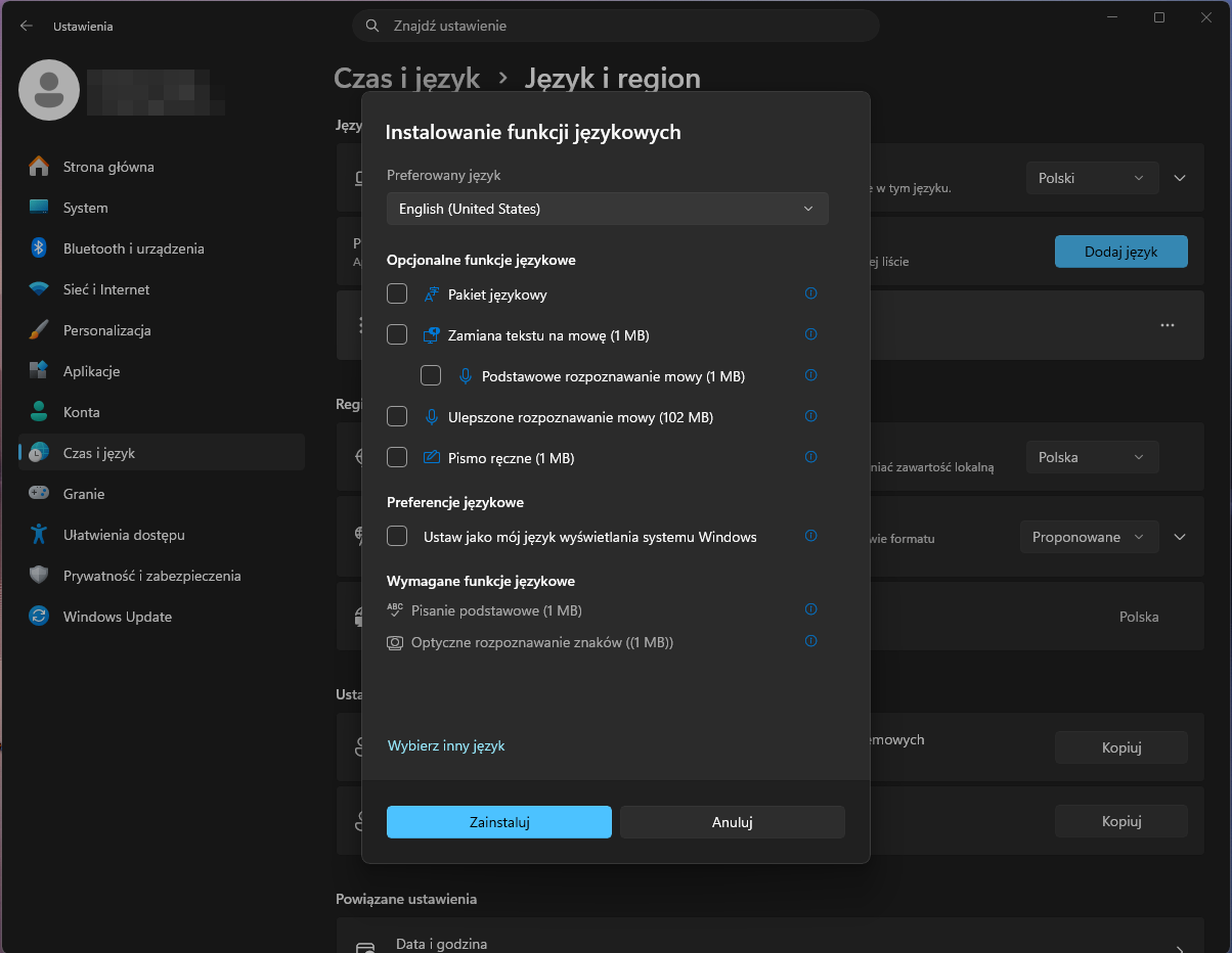 Install language features page, Optical character recognition under Required language features