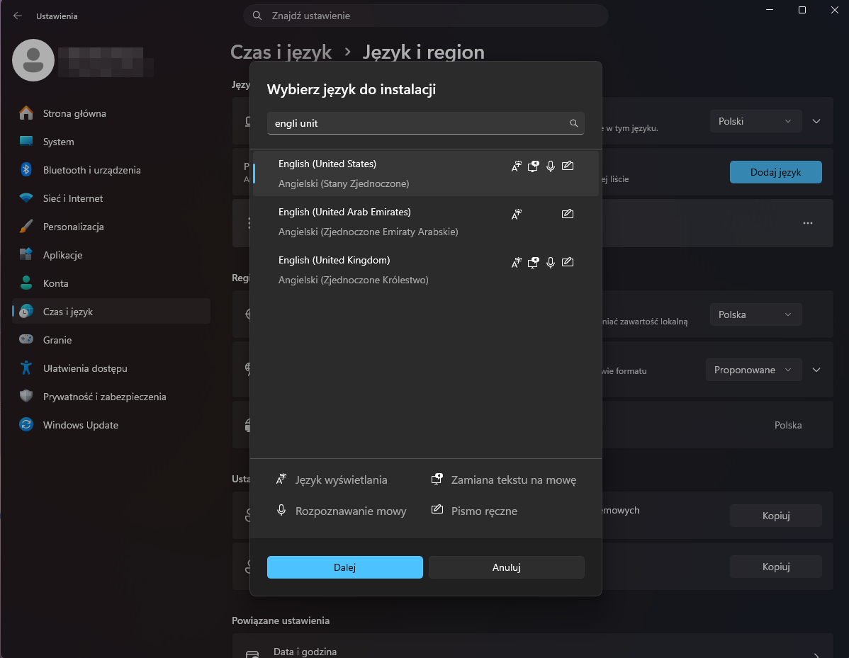 Add a language dialog with English (United States) found